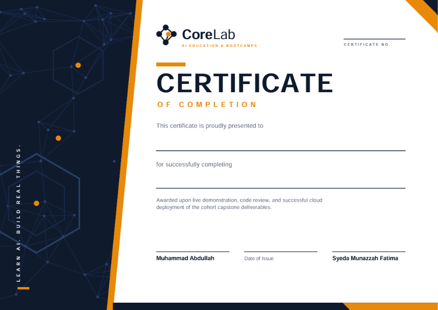 Core Lab Certificate of Completion — signed by Muhammad Abdullah and Syeda Munazzah Fatima